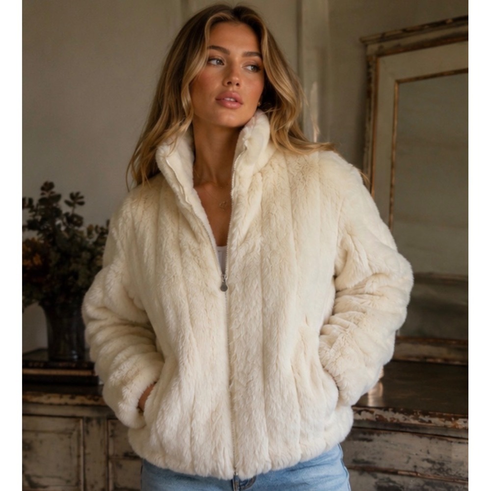 Vintage 90s  Carolina Colours Reversible Faux Fur & Windproof Coat Ivory Cream L
